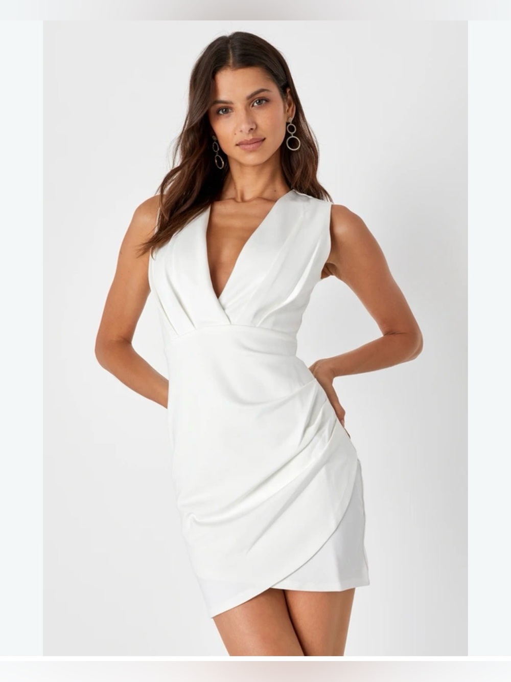 Lulu's White Sleeveless V-Neck Draped Mini Dress